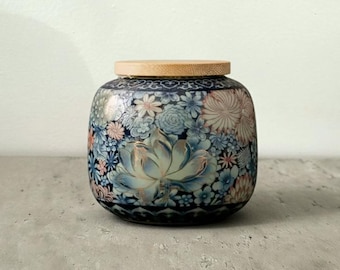 青い花柄、陶器のキャニスター 手作りの青い陶器のキャニスター：インドの花柄アートの瓶 - Etsy 日本