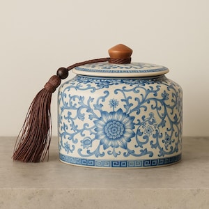 Large Floral Blue & White Ceramic Tea Jar | Porcelain Storage Container for Herbs, Coffee, Candy, Nuts | Decorative Kitchen Canister Box