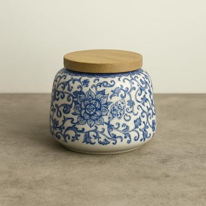 Floral Blue & White Ceramic Tea Jar | Porcelain Storage Container for Herbs, Coffee, Candy, Nuts | Decorative Kitchen Canister Box