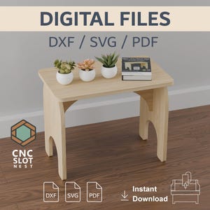 May include: A light-coloured wooden side table with a rectangular top and curved legs. The table holds three small potted plants and a stack of books. The text "DIGITAL FILES DXF / SVG / PDF" is at the top.