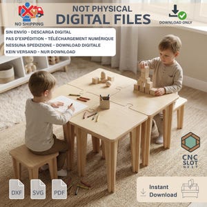 Archivos CNC para mesa infantil de rompecabezas, planos de escritorio infantil modular, mesa infantil de madera en formato DXF, SVG y PDF, diseño de muebles con ranuras, descarga digital.