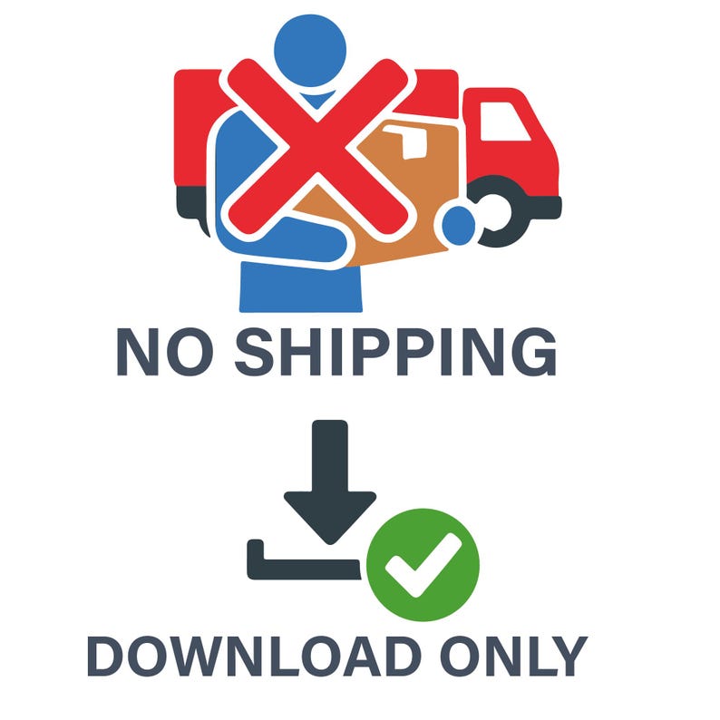 Puede incluir: Un icono con una X roja sobre una persona que lleva un paquete y un cami&oacute;n, con el texto "NO SHIPPING" encima de un icono de descarga y una marca de verificaci&oacute;n verde, y el texto "DOWNLOAD ONLY" debajo.