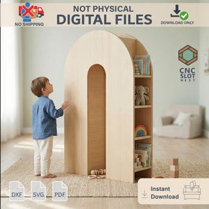May include: A light-coloured wooden bookshelf in an arched shape with multiple shelves. The bookshelf is filled with books and toys. The text "NOT PHYSICAL DIGITAL FILES" and "DOWNLOAD ONLY" are visible.