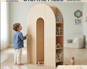 Planos CNC para estantería infantil Arch / Estantería Montessori de madera / Descarga digital dxf svg PDF / Diseño de muebles con ranuras / Almacenamiento para habitaciones infantiles