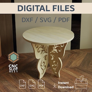 May include: A light-colored wooden side table with a round top and decorative butterfly-shaped legs. The table is made from light-colored wood and features intricate cut-out designs. Text on the image reads "DIGITAL FILES" and "DXF / SVG / PDF".