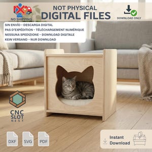 May include: A wooden cat house with a cat-shaped opening. Inside, a gray tabby cat rests on a soft, light-colored cushion. The house is made of light-colored wood and has a simple, modern design. The text "NOT PHYSICAL DIGITAL FILES" is visible.
