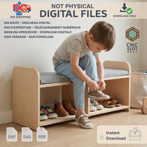 Planos para banco de zapatos infantil con CNC / Zapatero Montessori / Banco de entrada de madera / Muebles CNC para bricolaje / Diseño de encaje sin tornillos