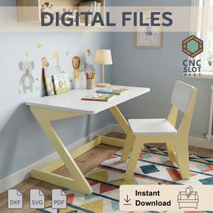 Children Study Table and Chair Set – Modern Wooden Kids Desk – Minimalist CNC Slot Design – Digital Files for CNC Router