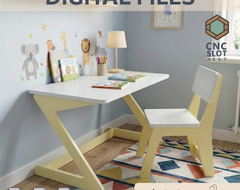 Children Study Table and Chair Set – Modern Wooden Kids Desk – Minimalist CNC Slot Design – Digital Files for CNC Router