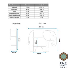 Puede incluir: Estanter&iacute;a con forma de elefante, de 120 cm de ancho y 90 cm de alto, con tres estantes. La altura interna del estante es de 35 cm, y la anchura de la abertura inferior es de 55 cm. El grosor del material es de 1,8 cm. Vistas lateral y superior.
