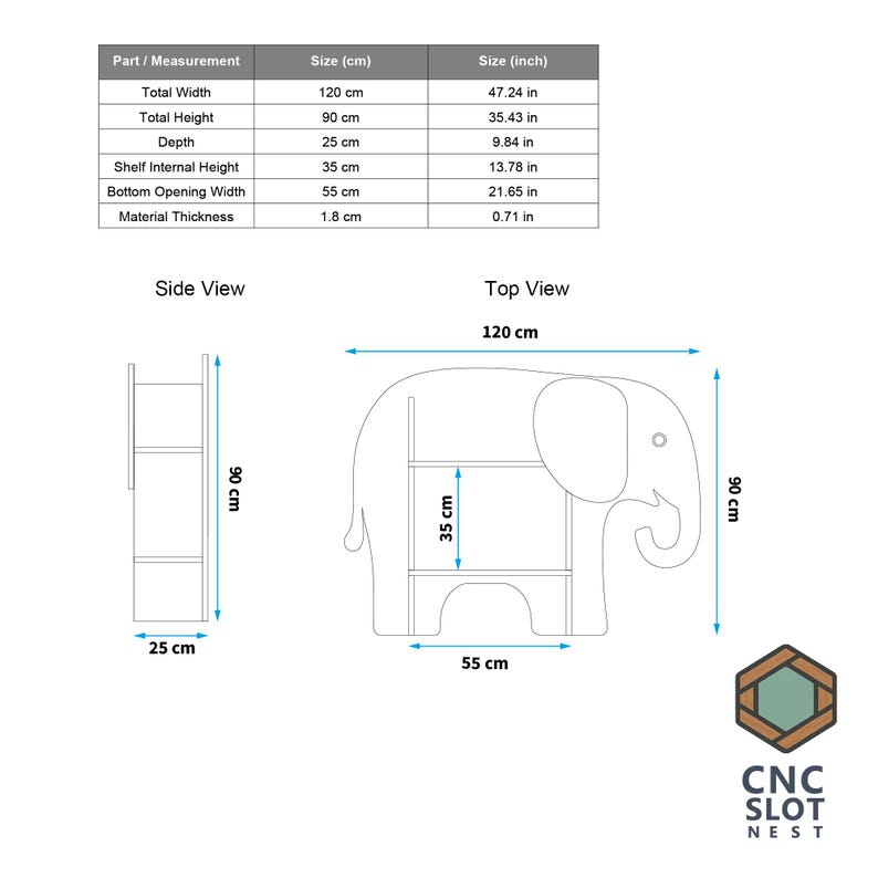 Puede incluir: Estanter&iacute;a con forma de elefante, de 120 cm de ancho y 90 cm de alto, con tres estantes. La altura interna del estante es de 35 cm, y la anchura de la abertura inferior es de 55 cm. El grosor del material es de 1,8 cm. Vistas lateral y superior.