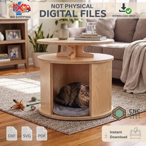 May include: A light wood cat bed and side table combination. The table has a round top and a lower section with an opening for the cat bed. A cat is resting inside the bed. The text "NOT PHYSICAL DIGITAL FILES" is visible.