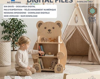 Estantería infantil con diseño de oso para CNC / Estantería de madera con forma de animal / Muebles de madera contrachapada de 15 mm / Diseño modular para armar / Descarga digital