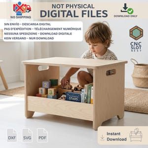 May include: A light-colored wooden toy storage table with a rectangular top and open storage shelf. The shelf contains wooden blocks, toy cars, and books. The text "NOT PHYSICAL DIGITAL FILES" is at the top. The image also includes the text "DOWNLOAD ONLY".