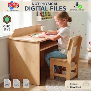 May include: A light-colored wooden desk and matching chair set featuring a flat work surface with a back panel, a storage shelf underneath, and a sturdy chair with a backrest. The digital file set includes DXF, SVG, and PDF formats for CNC.