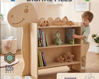Archivo CNC de estantería de dinosaurios, planos de estantería infantil, almacenamiento de juguetes de madera contrachapada, librería para guardería, descarga digital, dxf svg pdf, 15 mm CNC