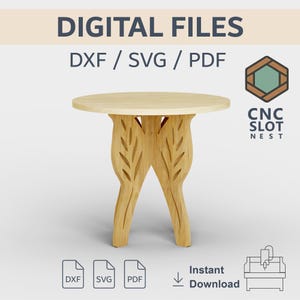Puede incluir: Pequeña mesa de madera clara con tapa redonda y patas talladas. Las patas presentan un diseño en forma de hoja. El texto en la imagen dice "ARCHIVOS DIGITALES DXF / SVG / PDF" y "Descarga instantánea".