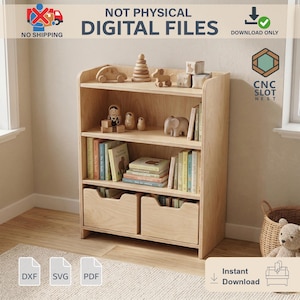 Kids Bookshelf with Storage Bins CNC Plans | Montessori Toy Organizer | Wooden Kids Shelf | DIY Furniture PDF dxf svg Files