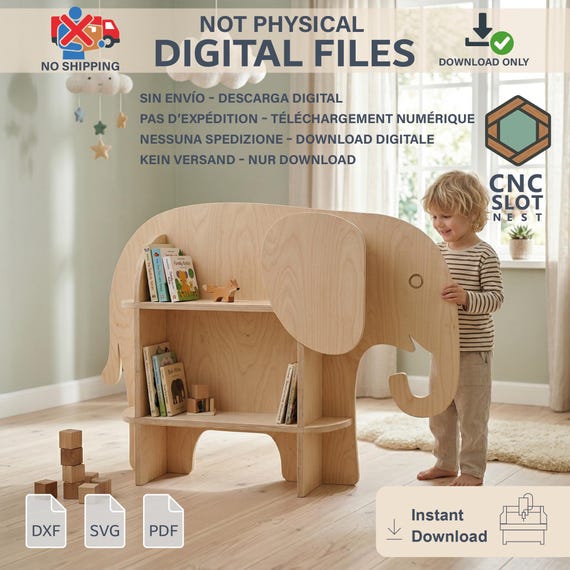 Elephant Kids Bookshelf CNC Plans, Wooden Slot-In Shelf, DIY Plywood Furniture, 18mm CNC Files, Children's Bookcase Digital Download