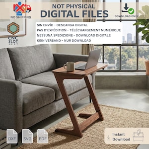 Puede incluir: Una mesa auxiliar de madera con un diseño de pata en forma de Z. Una computadora portátil y una taza están sobre la mesa. La imagen incluye el texto "NOT PHYSICAL DIGITAL FILES" y "Instant Download."