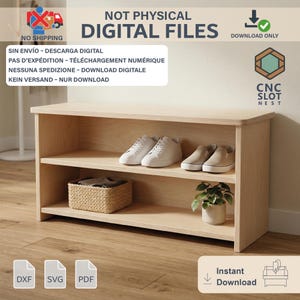 Peut inclure: Un meuble à chaussures en bois clair à deux étagères. L'étagère supérieure contient deux paires de baskets blanches, et l'étagère inférieure a un panier tressé et une petite plante en pot. Le texte "NOT PHYSICAL DIGITAL FILES" est en haut.
