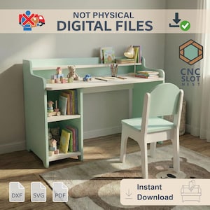 子供用学習机と椅子のCNC設計図 – スロットイン家具 | DXF、SVG、PDFファイル