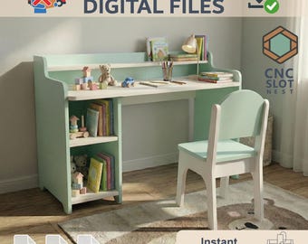 May include: A mint green and white children's desk and chair set. The desk has a shelf, a built-in bookcase, and is decorated with books and toys. The chair has a curved back and a mint green seat. The image includes the text "NOT PHYSICAL DIGITAL FILES".