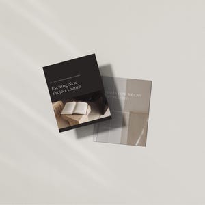 May include: Two brochures with text. The top brochure is black with the text "Exciting New Project Launch". The bottom brochure is light beige with the text "Here's How We Can Get Started". The brochures are on a white surface.