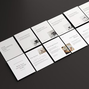 May include: A collection of white cards with text and images, arranged diagonally on a dark gray surface. The cards feature titles like "Four Fundamental Steps," "Concepts & Inspiration," and "Our Service." The overall design is minimalist and professional, suggesting a presentation or portfolio.