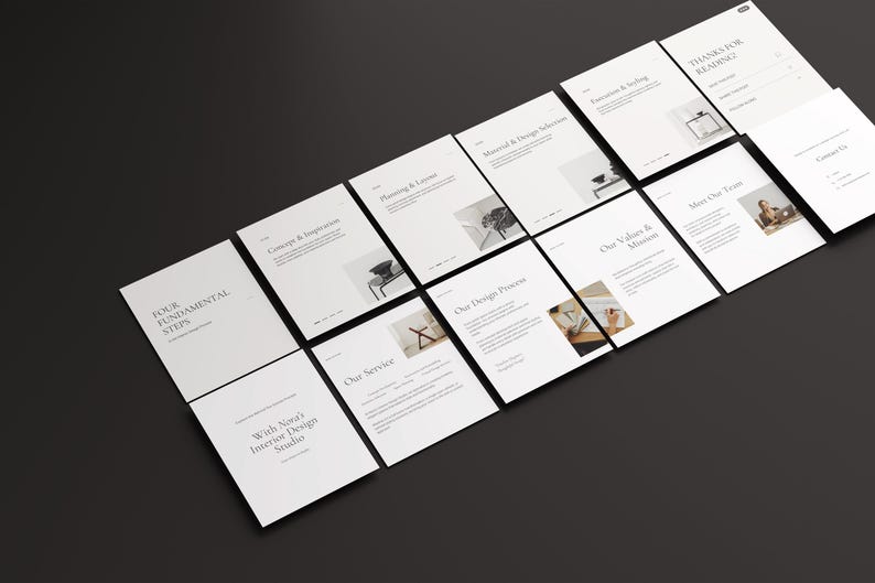 May include: A collection of white cards with text and images, arranged diagonally on a dark gray surface. The cards feature titles like "Four Fundamental Steps," "Concepts & Inspiration," and "Our Service." The overall design is minimalist and professional, suggesting a presentation or portfolio.