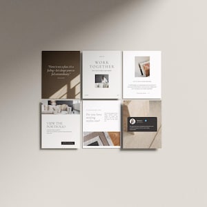 May include: Six square cards with text and images are arranged on a neutral background. The cards feature quotes, photos, and the phrases "WORK TOGETHER" and "VIEW THE PORTFOLIO." The overall aesthetic is minimalist and modern.