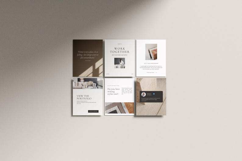 May include: Six square cards with text and images are arranged on a neutral background. The cards feature quotes, photos, and the phrases "WORK TOGETHER" and "VIEW THE PORTFOLIO." The overall aesthetic is minimalist and modern.