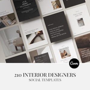 Könnte beinhalten: Eine Sammlung quadratischer Social-Media-Vorlagen für Innenarchitekten. Die Vorlagen haben ein minimalistisches Design mit schwarzem und weißem Text und Bildern, einschließlich Text mit der Aufschrift "210 INTERIOR DESIGNERS SOCIAL TEMPLATES".