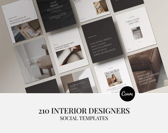 May include: A collection of square social media templates for interior designers. The templates feature a minimalist design with black and white text and images, including text that reads "210 INTERIOR DESIGNERS SOCIAL TEMPLATES".