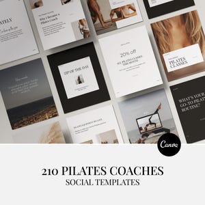 May include: A collection of social media templates for Pilates coaches. The templates feature a minimalist design with text overlays and images. The text includes phrases like "Lately", "Tip of the Day", and "Pilates Classes". The Canva logo is visible.