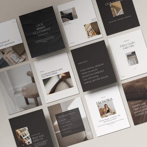 May include: An overhead shot of several white and black brochures with text and images. The brochures cover topics like interior design, fabric guides, and mission statements. The layout is clean and modern, with a neutral color palette.