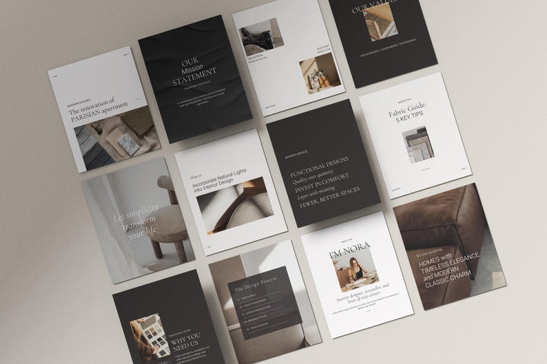 May include: An overhead shot of several white and black brochures with text and images. The brochures cover topics like interior design, fabric guides, and mission statements. The layout is clean and modern, with a neutral color palette.