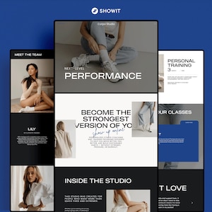 May include: A digital mockup of a Showit website template featuring multiple sections with black and white photography, sans-serif typography, and text including "Next-Level Performance," "Meet the Team," and "Become the Strongest Version of You."