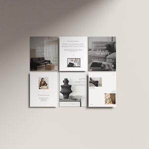 May include: A collection of six square, off-white cards arranged in a grid. Each card features a different image and text, including interior design scenes, a laptop, and the phrase "Let's Make It Happen."