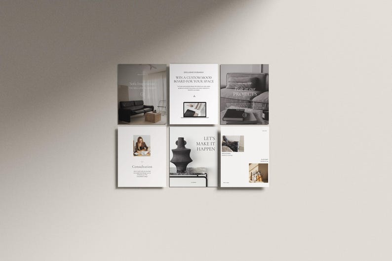 May include: A collection of six square, off-white cards arranged in a grid. Each card features a different image and text, including interior design scenes, a laptop, and the phrase "Let's Make It Happen."