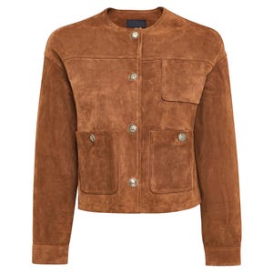 Collarless Suede Leather Jacket: Women&#39;s Brown Moto Style