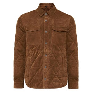 Manteau homme en cuir suédé camel : col italien en velours côtelé