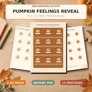 Könnte beinhalten: Ein druckbares Aktivitätsset mit dem Titel PUMPKIN FEELINGS REVEAL, bestehend aus drei Seiten mit Illustrationen von orangefarbenen Kürbissen, die verschiedene Emotionen zeigen. Die Seiten enthalten ein Zuordnungsbrett und einen Leitfaden.