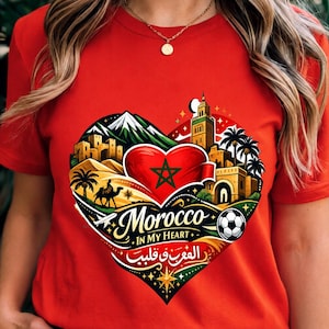 Marokko-Fan-Shirt mit Herz und marokkanischer Flagge, Geschenk für Sport- und Reisebegeisterte, T-Shirt mit nordafrikanischem Stolz