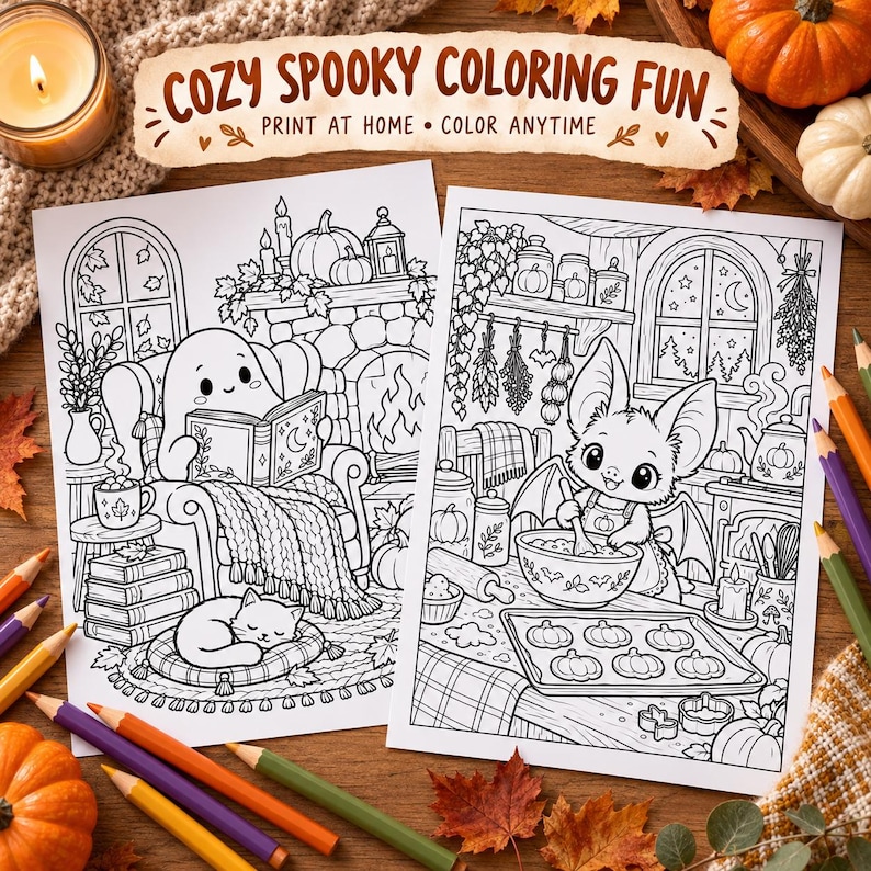 Cozy Spooky Coloring Book, Cute Creepy Creatures Printable, Hygge ...