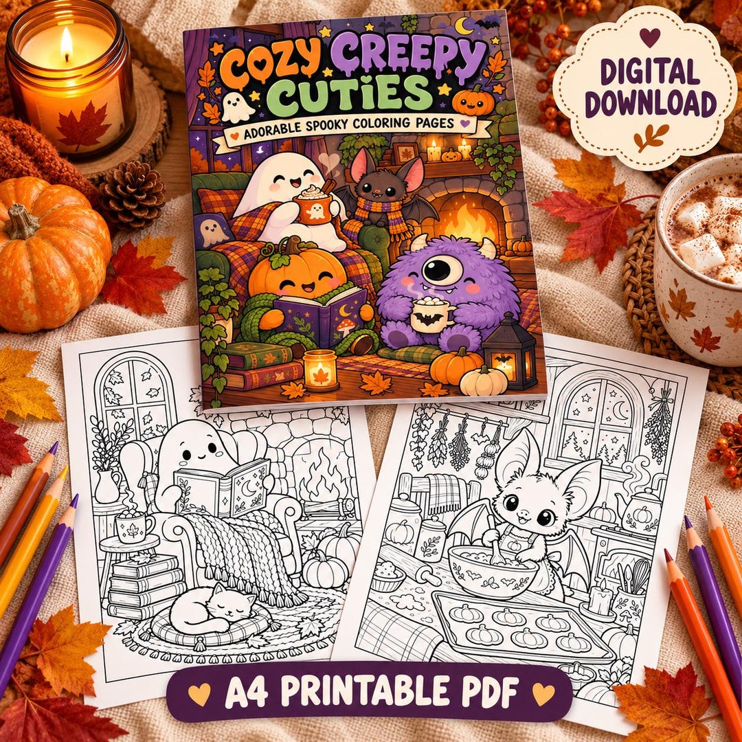 Cozy Spooky Coloring Book, Cute Creepy Creatures Printable, Hygge ...