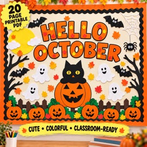 Pode incluir: Um quadro de avisos com tema de Halloween exibindo o texto HELLO OCTOBER em letras laranja. O design inclui um gato preto sobre uma abóbora, fantasmas brancos, morcegos, uma teia de aranha e abóboras esculpidas. Um sol amarelo e folhas de outono decoram o fundo creme.