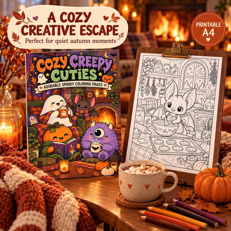Cozy Spooky Coloring Book, Cute Creepy Creatures Printable, Hygge ...