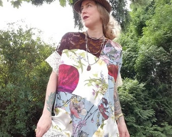 eco DAYDREAMER patchwork Tunic | Pure Silk in mixed Florals + Lace | One size, Loose Flowy,long Top,blue purple, original, unique, artisanal