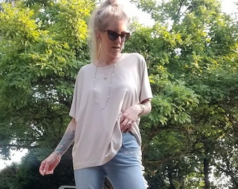 Organic Bamboo Knit Oversize Shirt: Flowy Short Sleeve Tunic, Made To Order Canada